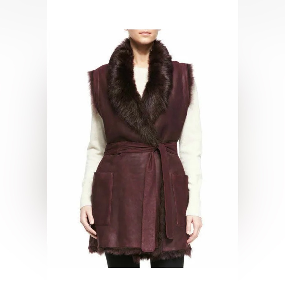VINCE Gorgeous Luxe Toscana Shearling Fur Leather Burgundy Belted Vest M $1995